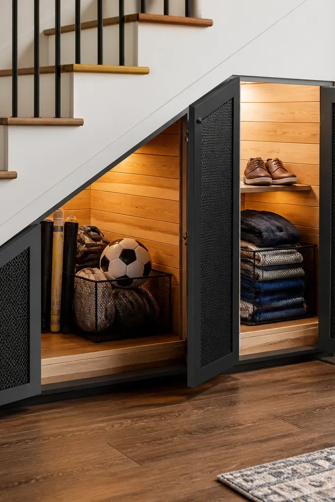 Cedar-lined cabinet under stairs with mesh vent doors and brass hardware