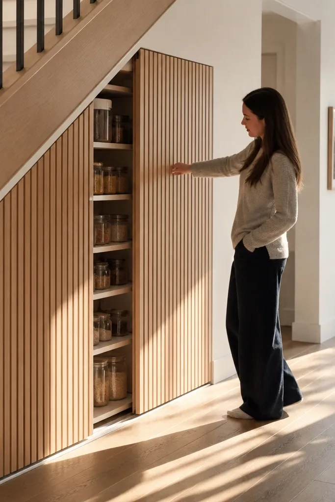 Rolling pull-out pantry drawers under stairs with wood slat front