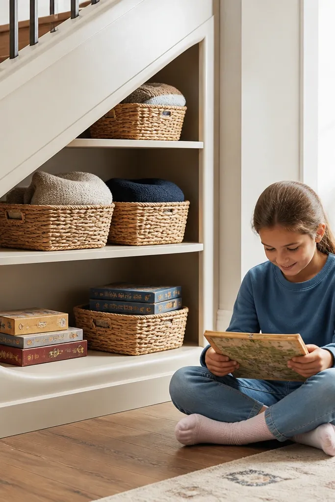 Curved trim under stairs with rounded shelves and woven baskets