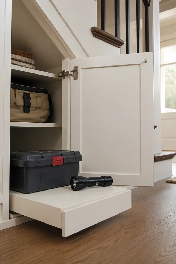 Under-stairs cabinet with a fold-down shelf and hidden storage