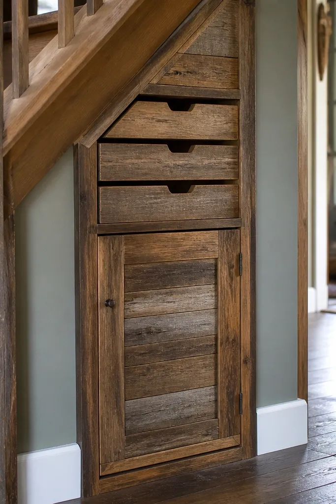 Wood slat tower under stairs with stacked drawers and a matching cabinet face