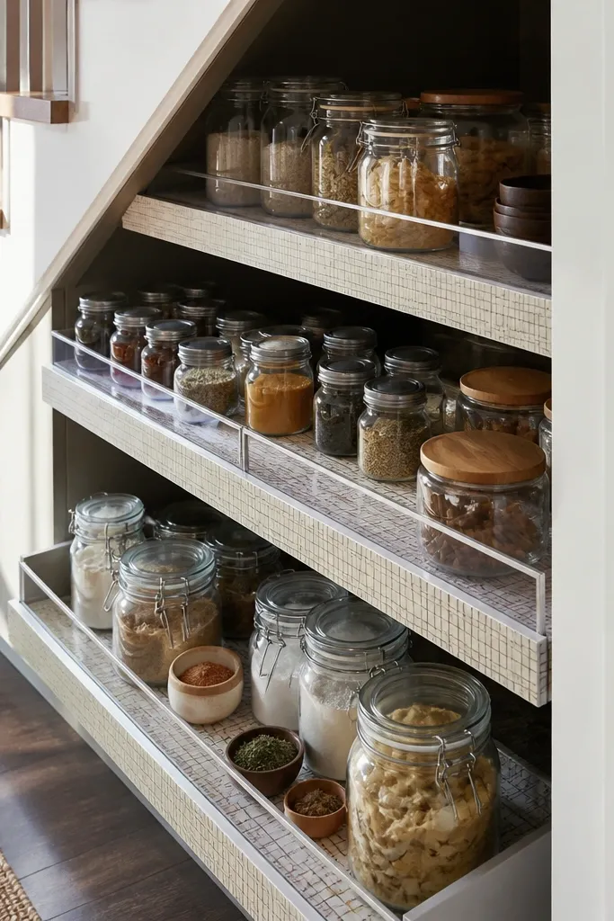 Pullout pantry under stairs with grid shelves and a clear rail front