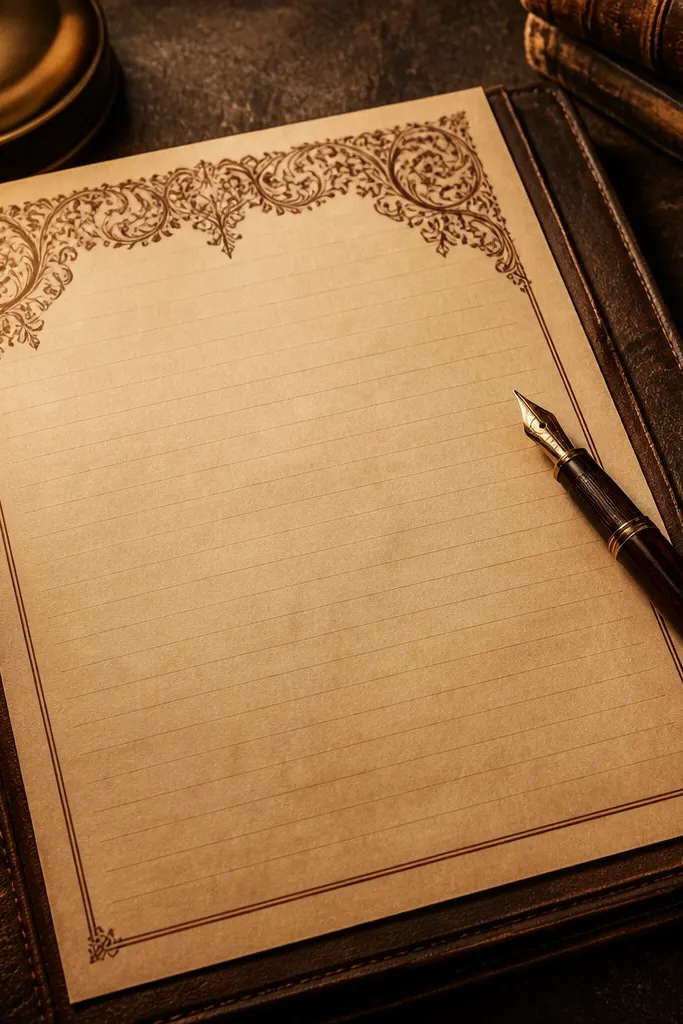 Sepia paper with an ornate top border and clear lines for writing below