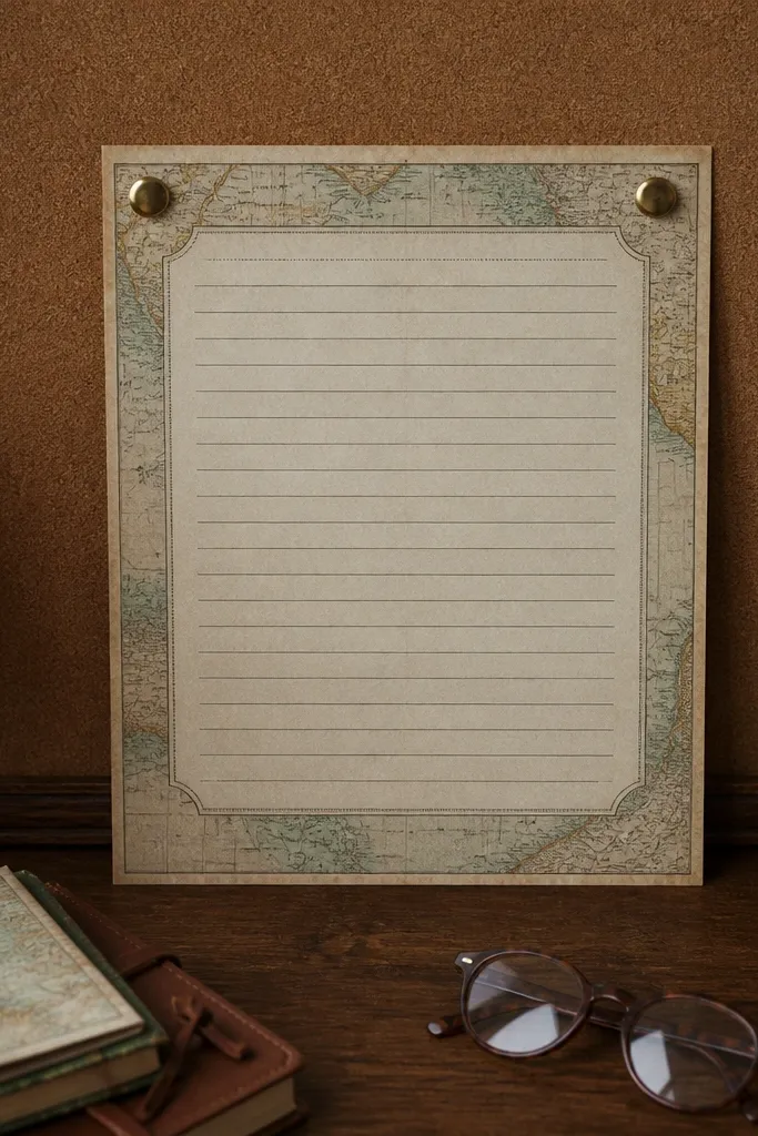 Aged map border frame around centered writing lines on cream paper