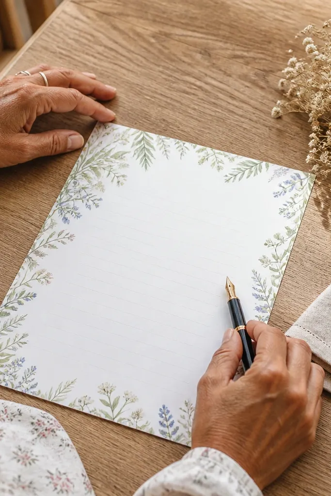 Cream paper with wildflower corner accents and a light botanical frame