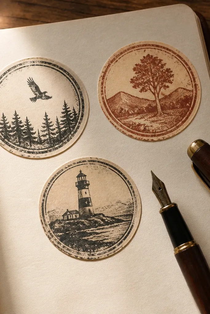 Round postal seal stickers with faded ink and off-white paper edges