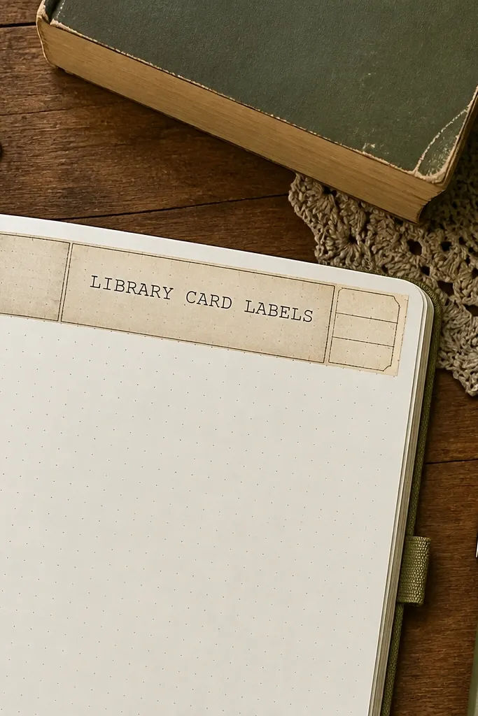 Vintage library card style labels with serif text blocks and borders