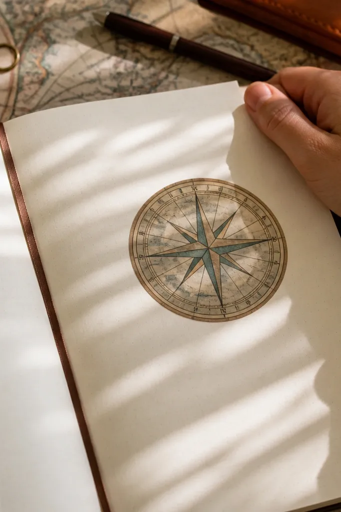 Compass rose sticker with aged map colors and black outline