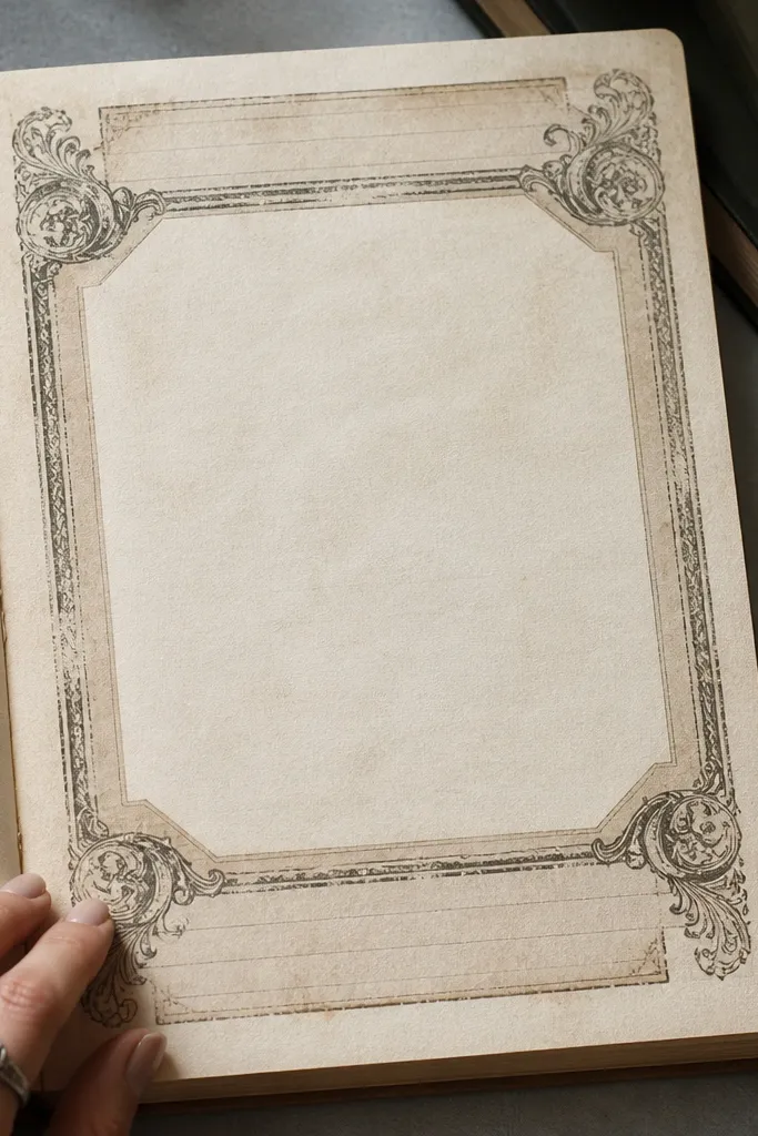 Ornate rectangular frame sticker with faded French-style text blocks