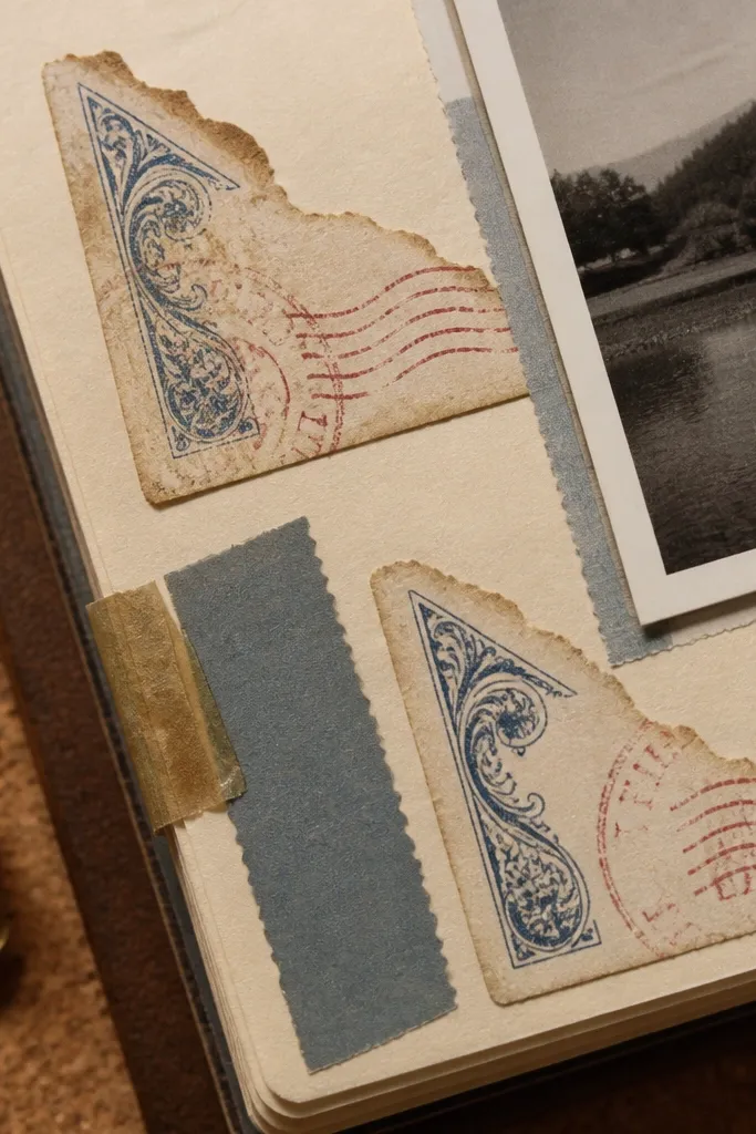 Postcard corner stickers with faded stamps and torn-paper edges