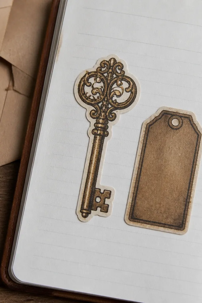 Small key stickers and hanging tag shapes with aged ink