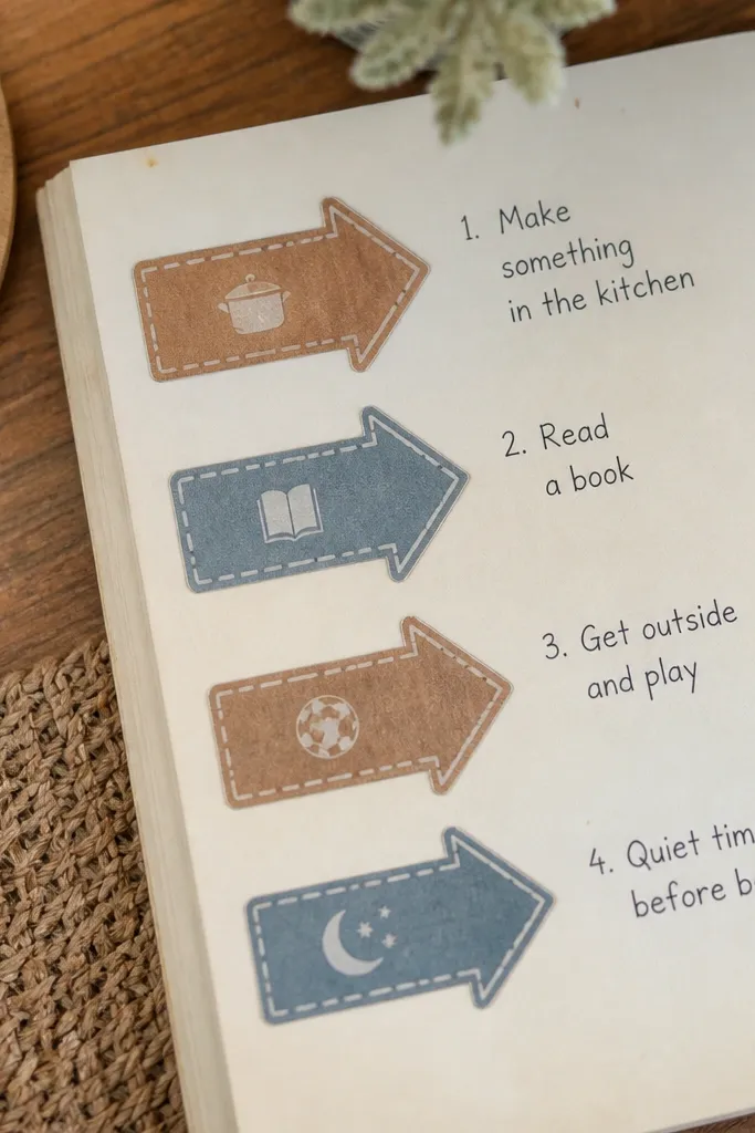 Arrow-shaped label stickers with faded text blocks and border lines