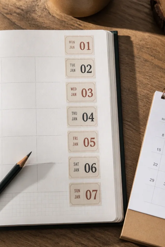 Small date tags with calendar numbers and faded paper textures