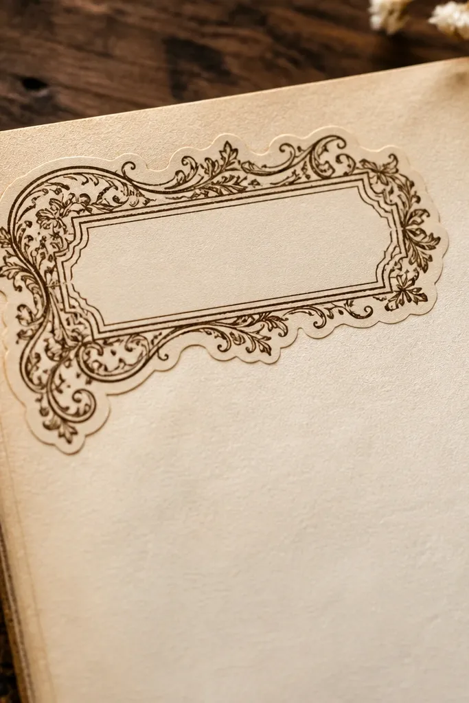 Victorian-style corner flourish labels with thin filigree and serif text