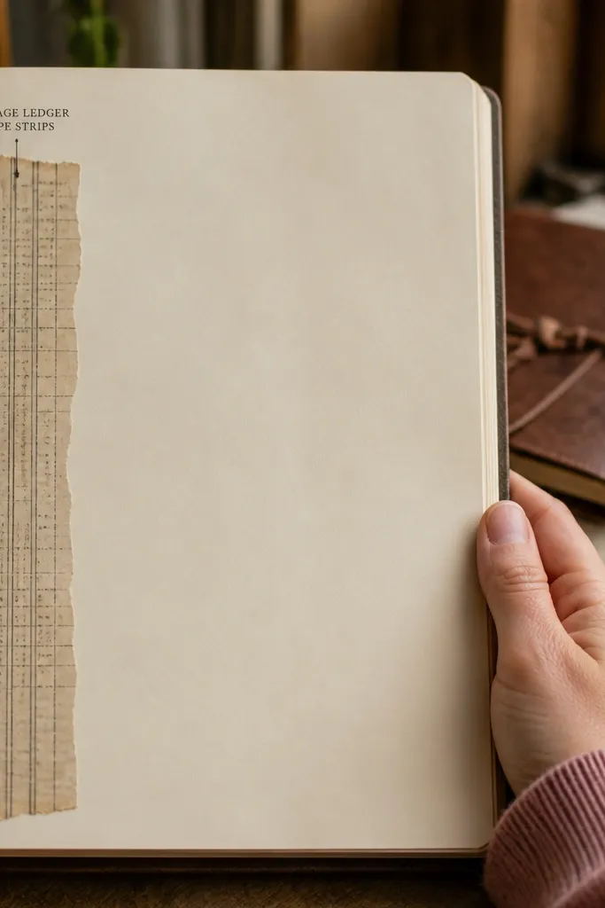 Narrow ledger tape strips with faded lines and number columns