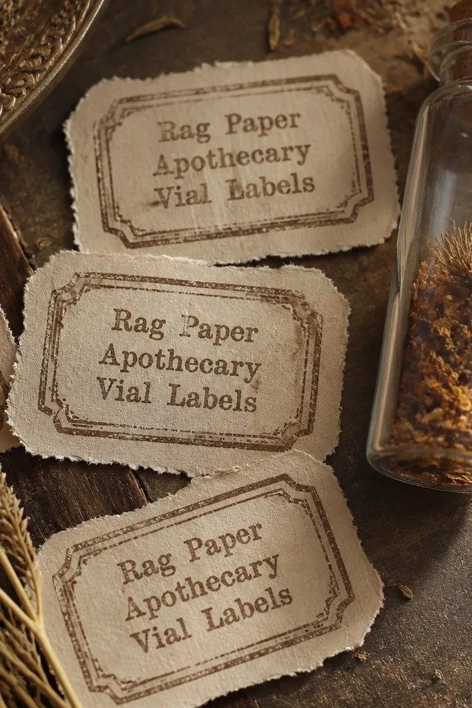 Set of small apothecary bottle labels with faded ink and handwritten herb names