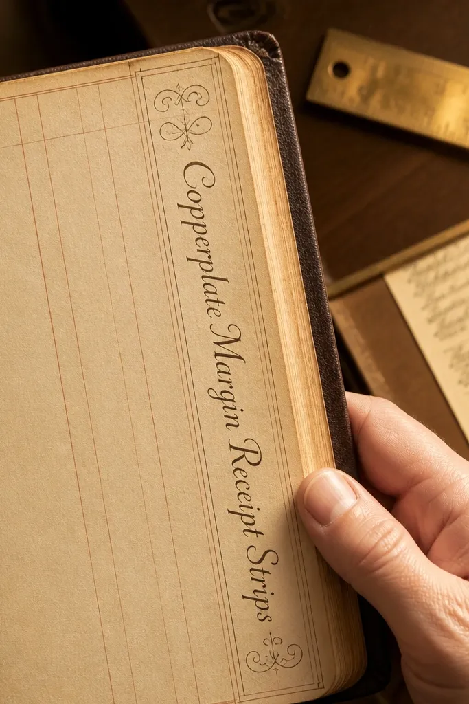 Narrow receipt-style strips with copperplate text and faint ledger lines along page margins