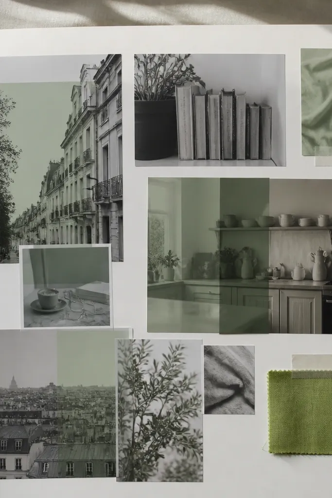 Soft monochrome photos with a single muted color tint repeated throughout the board