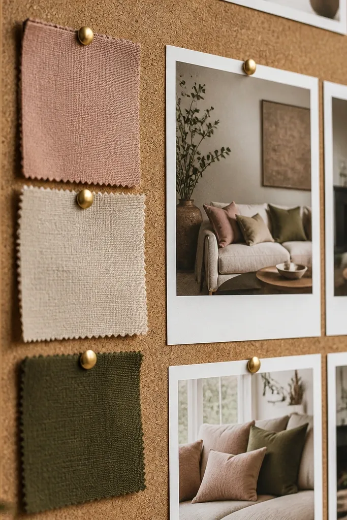 Fabric swatches pinned with small windows and handwritten labels