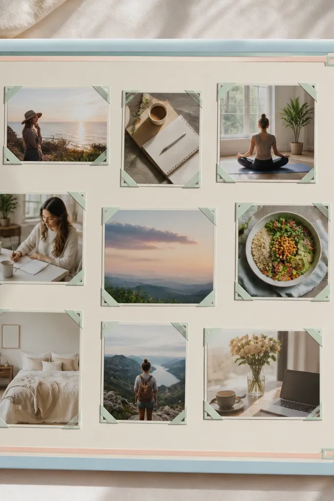 Pastel border around photos with repeated corner frames and small icons