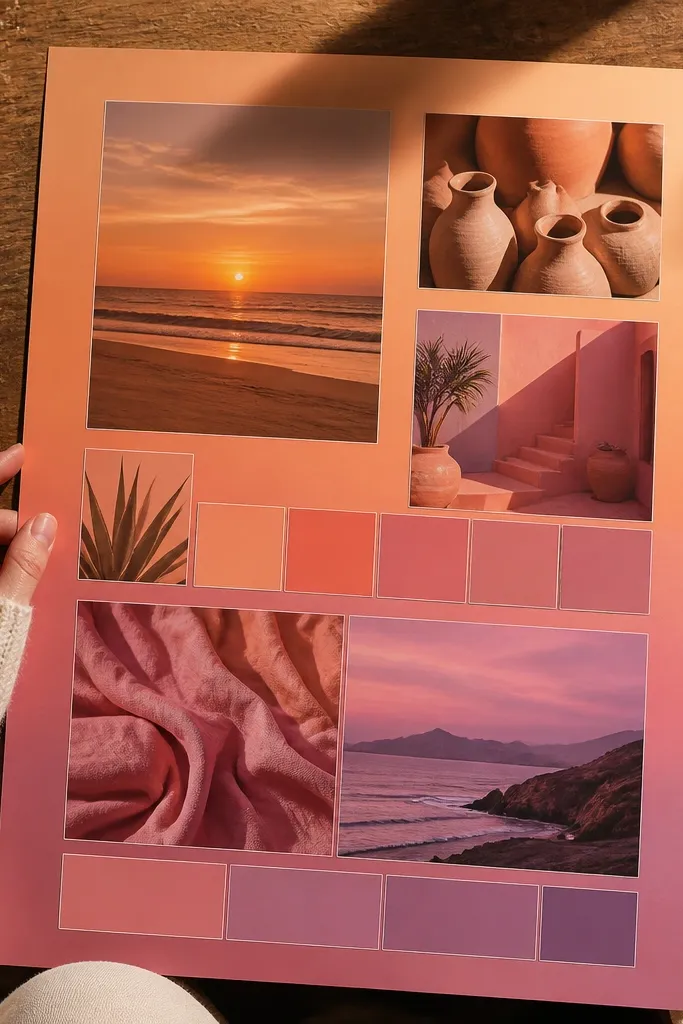 Sunset gradient from peach to pink to purple with matched photos and paper strips