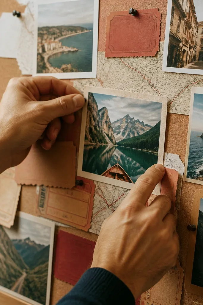 Map scraps and ticket-stub style labels with small destination photos arranged in rows
