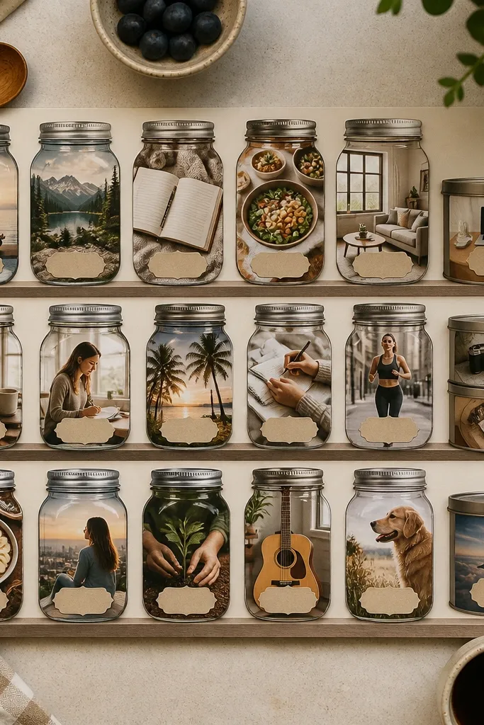 A board styled like a shelf with ingredient photos, jars, and neat labels