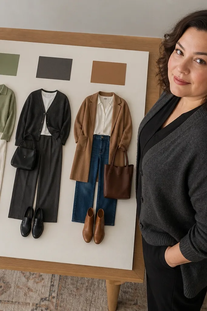 Outfit capsule layout with color-coded clothing photos and matching swatch strips