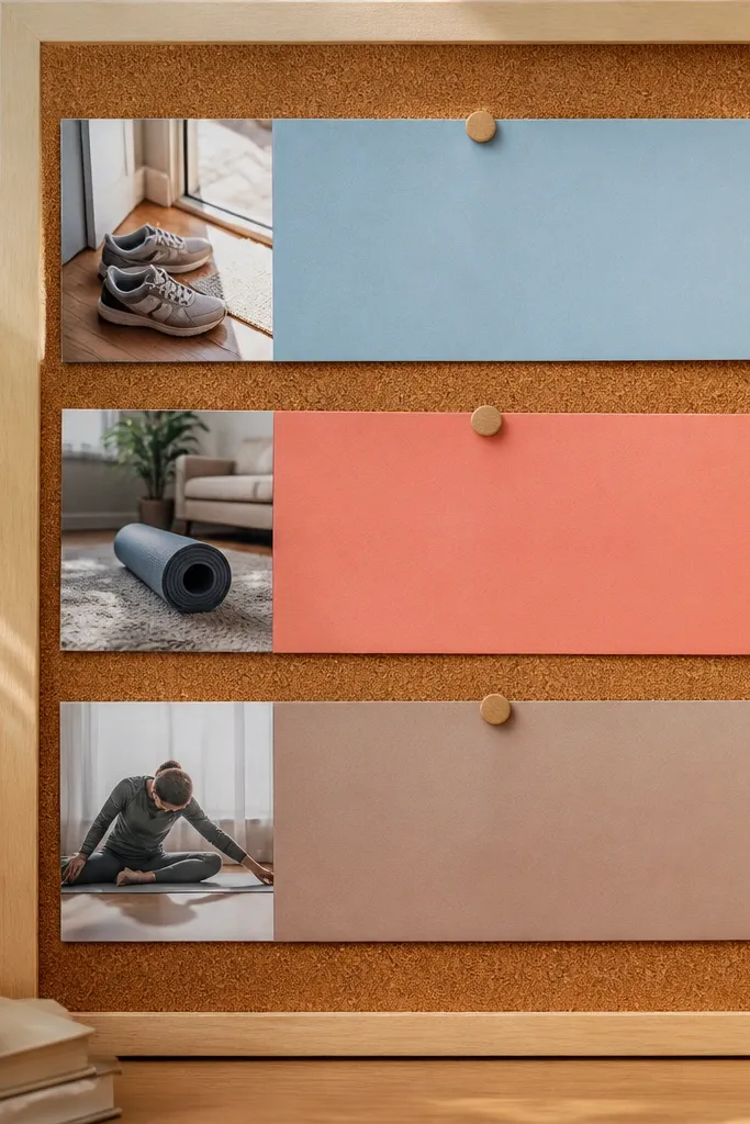 Fitness photos arranged with timeline strips and simple checkmark icons
