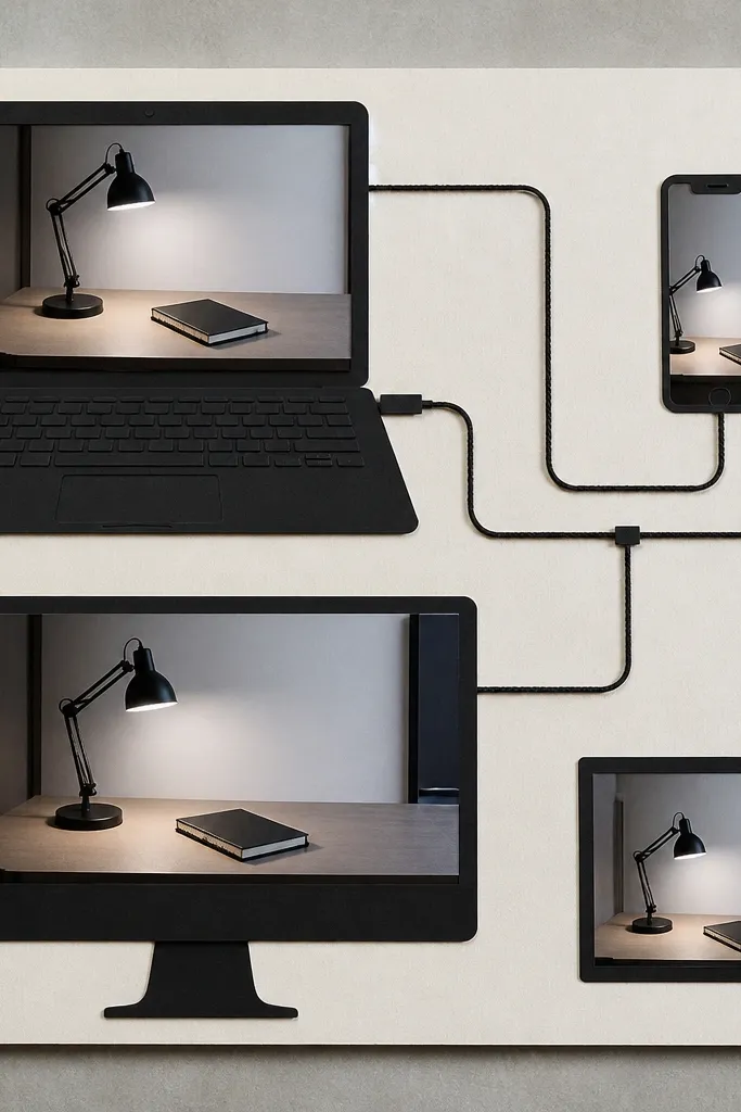 Minimal desk setup photos with device silhouettes, cable lines, and neat labels