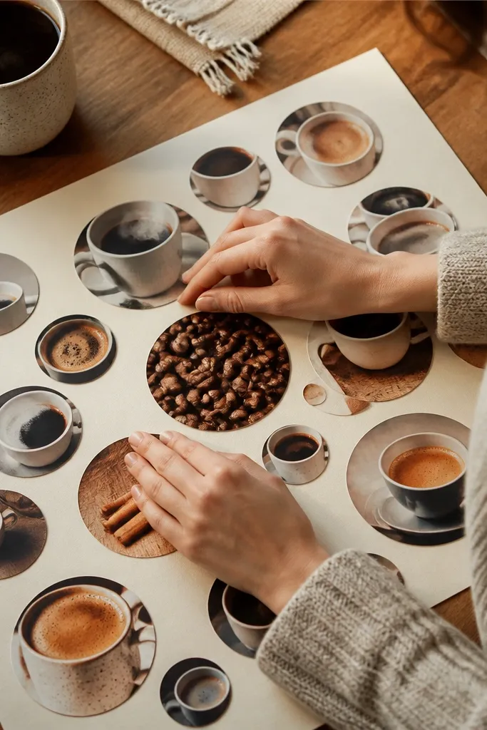 Mug circles repeated across a board with consistent typography phrases