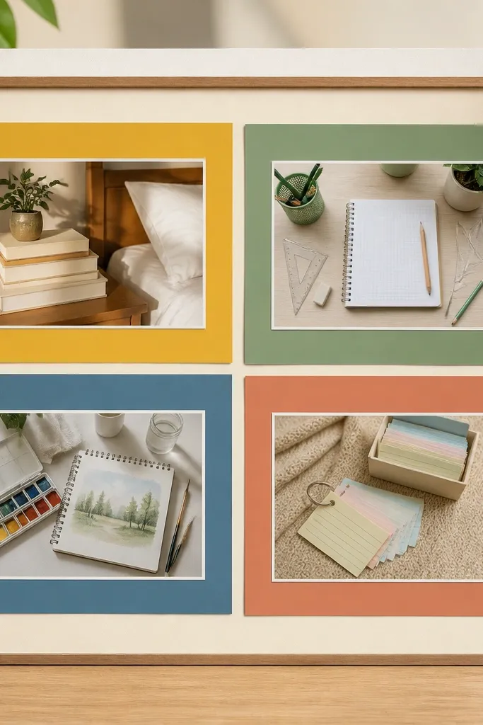 Color-block tiles labeled by subject with small study photos inside each tile