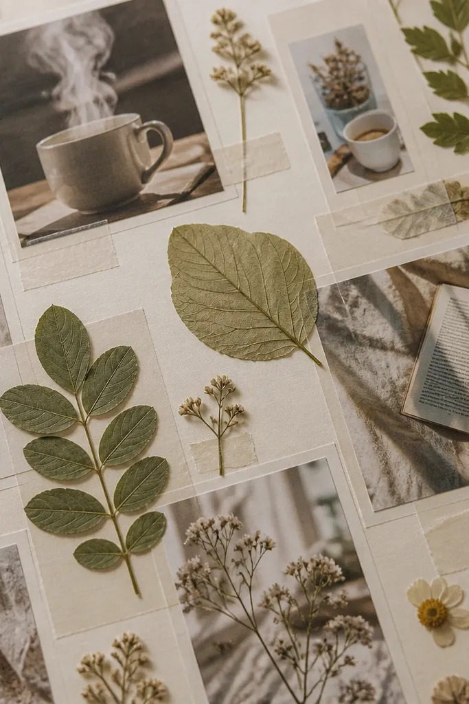 Green botanical leaf cutouts with panels and small handwritten notes