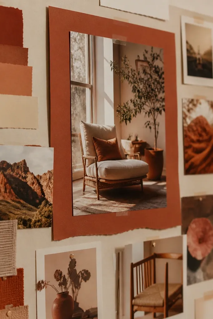 Terracotta layered paper behind photos with earthy textures and minimal labels