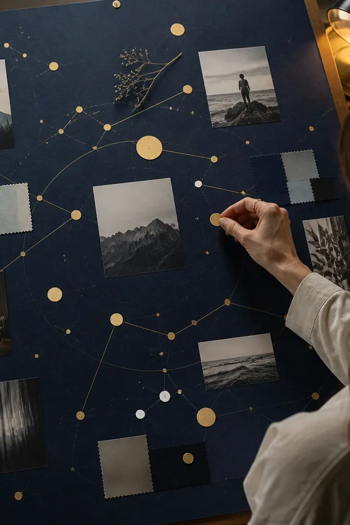 Navy board with gold star map dots and small goal photos in clean rows