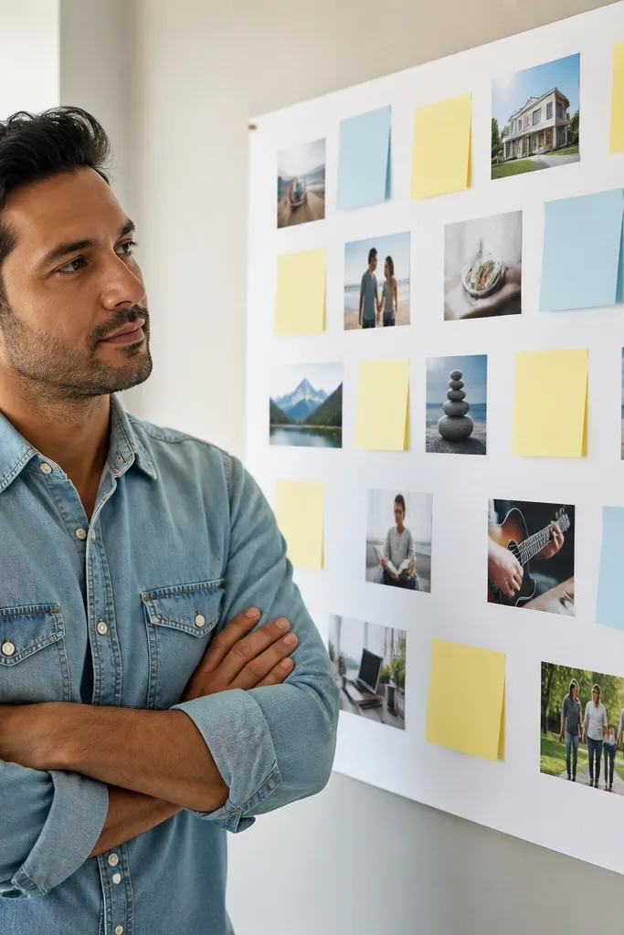 Whiteboard look with sticky-note rectangles, handwritten goals, and cutouts