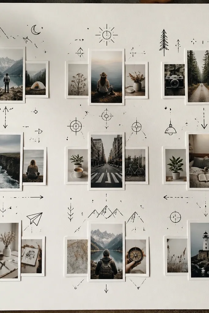 Black line-art doodles with clustered photos and simple handwritten phrases