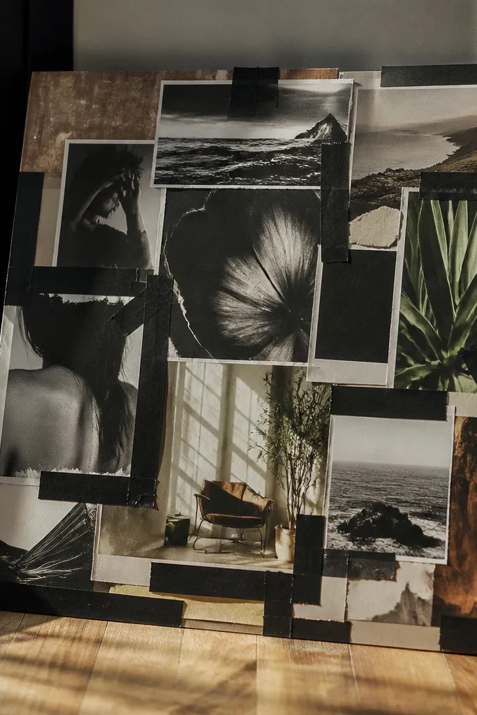 Photos layered with black tape strips and visible paper edges for an editorial collage look
