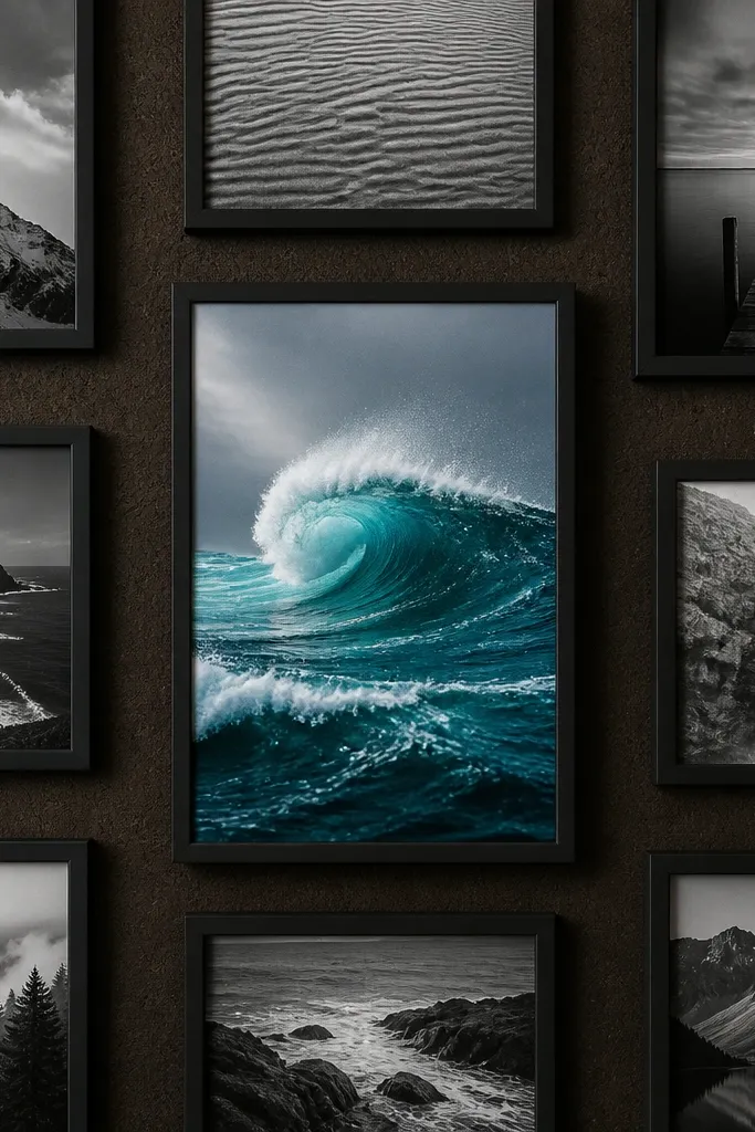 White board with multiple black frames and one bright color accent in the center