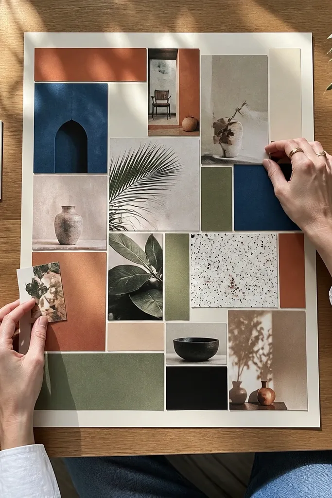Magazine cutouts arranged by color with consistent spacing and a unified palette