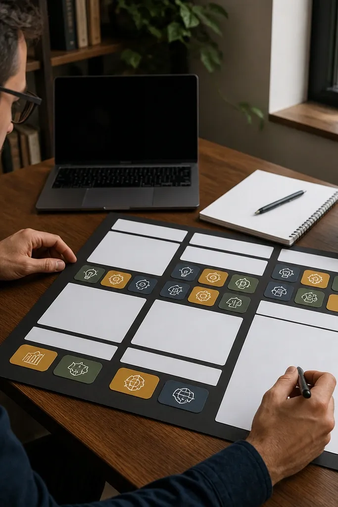 Career vision board with skill chips, small professional photos, and section headers