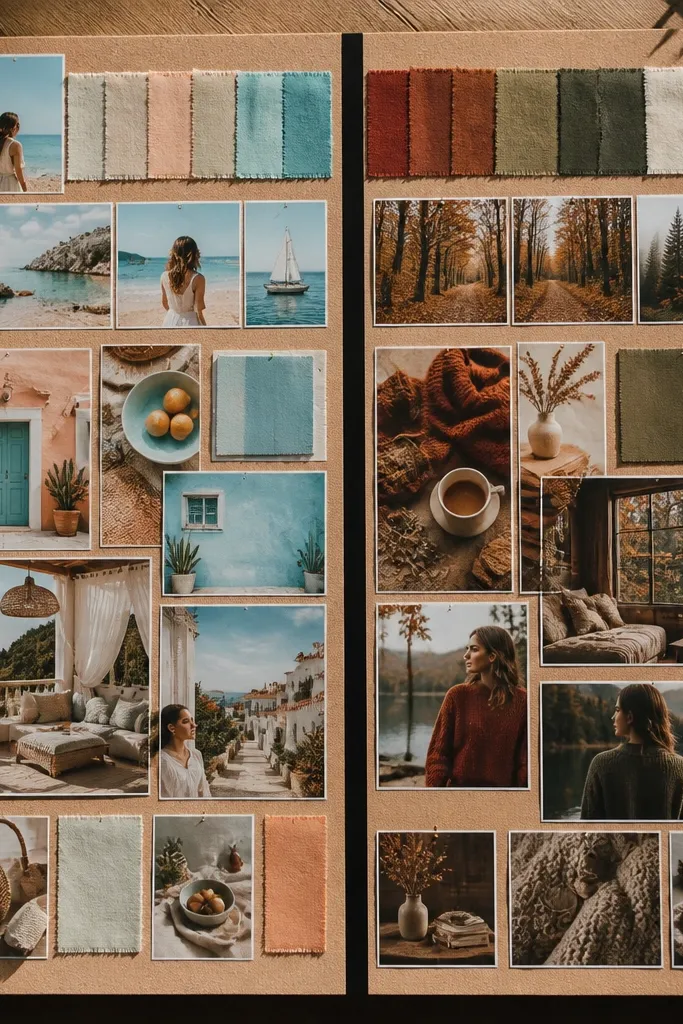 Board split into two halves for seasons with matching photos and color palette changes