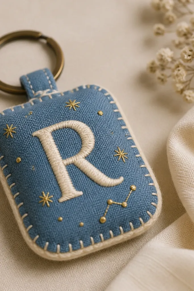 A close-up of a handmade fabric keychain with a stitched letter on a small rounded rectangle pouch, backed with felt, with a metal keyring attached; the fabric is a soft denim-blue with cream thread and tiny gold star accents.