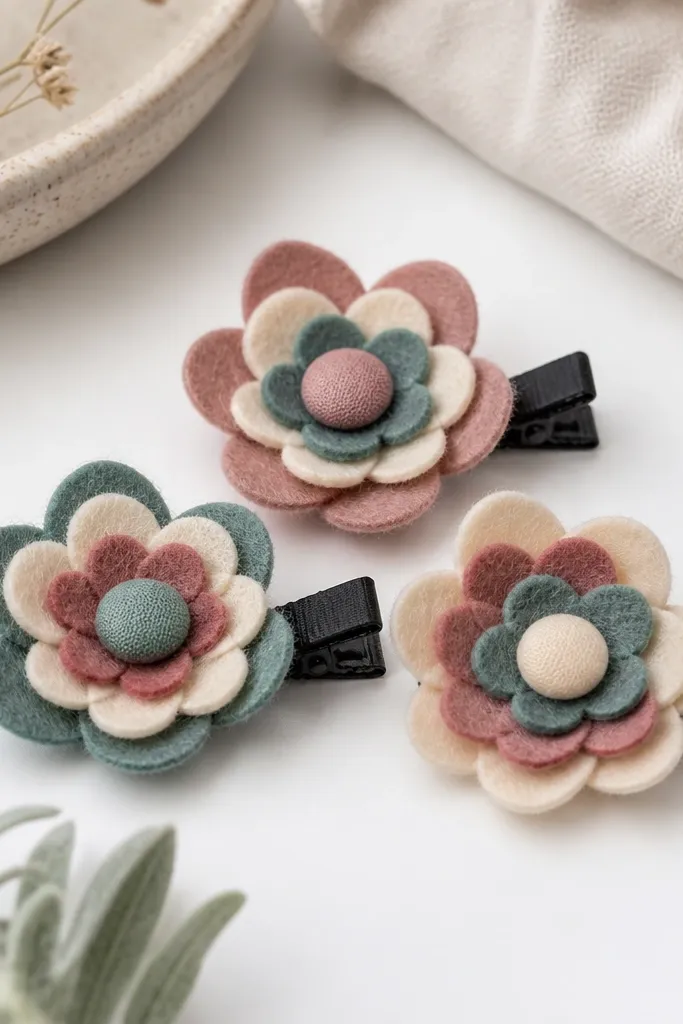 Three small felt flower hair clips arranged on a white desk, each flower layered with different shades of dusty rose, cream, and muted teal; the centers are small fabric buttons, and the clips are black alligator clips.