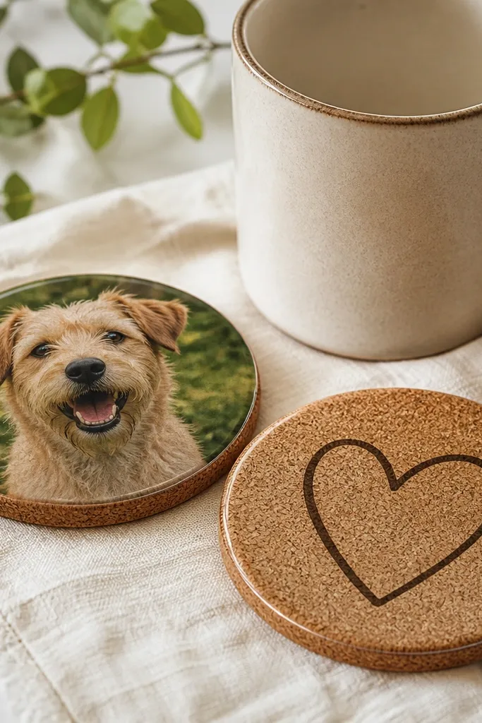 Two round cork coasters with a glossy photo transfer of a smiling dog and a simple line-drawn heart; the edges are sealed with clear varnish, arranged beside a ceramic mug.