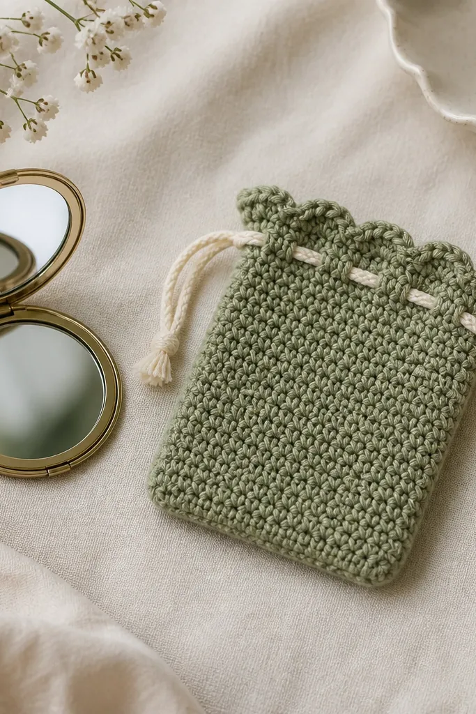 A small handmade crochet pouch in sage green with a cream drawstring cord, laid flat beside a compact mirror; the stitch pattern is tight with a scalloped top edge.