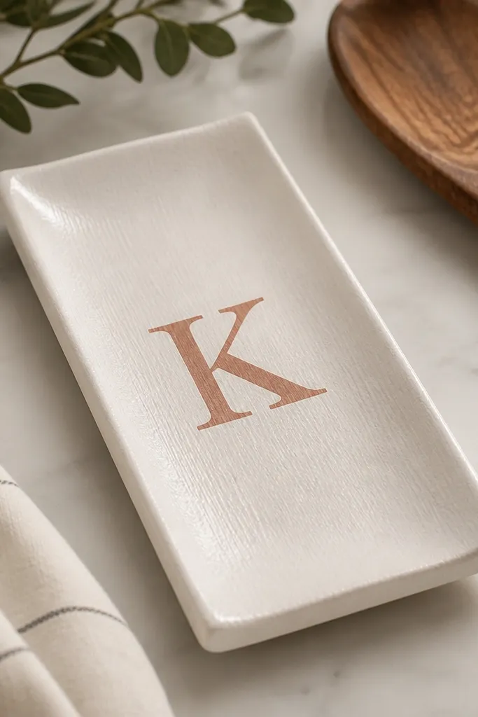 A rectangular wooden spoon rest painted in matte off-white with a muted terracotta initial letter in the center; the surface has a slightly textured finish and a small sealed top coat shine.