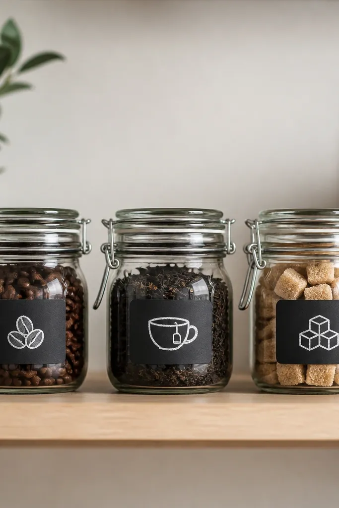 A set of small glass jars with handmade labels: matte chalk vinyl text in white on black labels, plus tiny icons for coffee, tea, and sugar; jars are lined on a shelf.