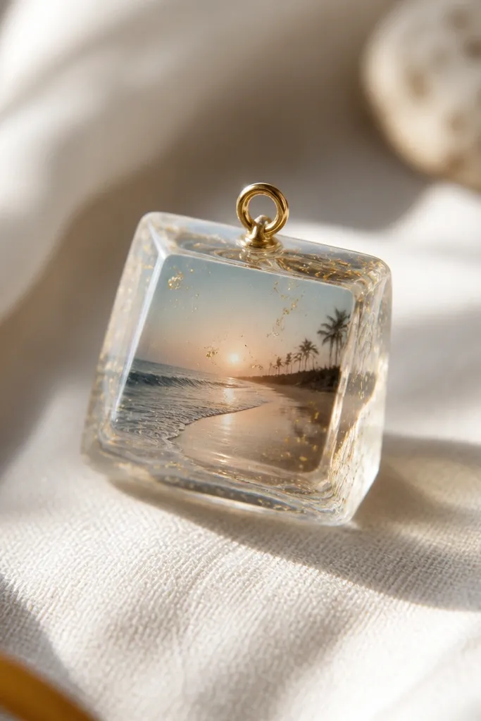 A small resin charm shaped like a keycap, inside is a tiny photo of a beach scene with specks of gold glitter; the surface is clear and glossy with a metal loop.