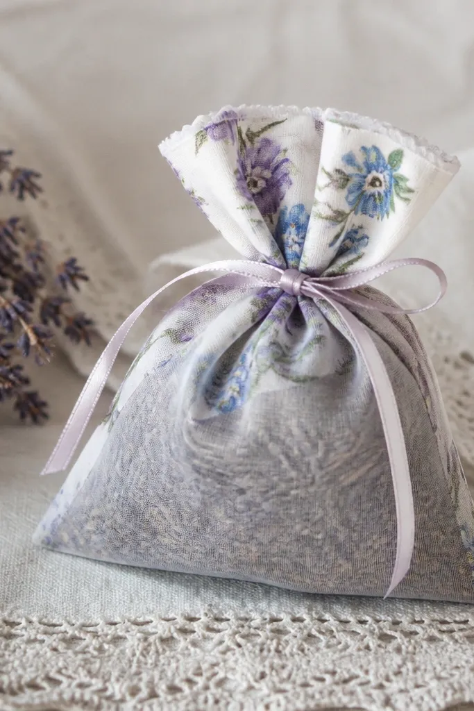 A small handmade sachet made from patterned vintage pillowcase fabric, tied with a thin ribbon; inside is visible dried lavender buds through a sheer inner fabric layer.